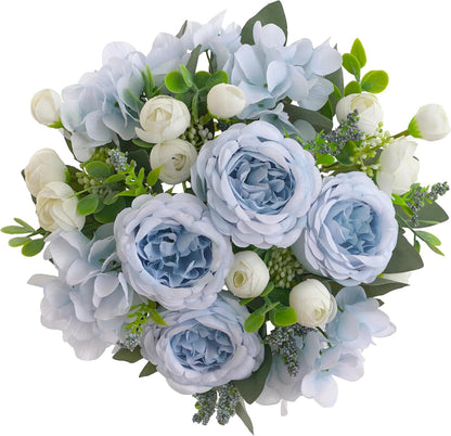 2 Bunches Artificial Peonies Flowers Small Silk Blue Peonies Fake Hydrangea Flowers Arrangements Table Centerpiece Faux Flores for Bridal Wedding Home Decor (2, Blue White)