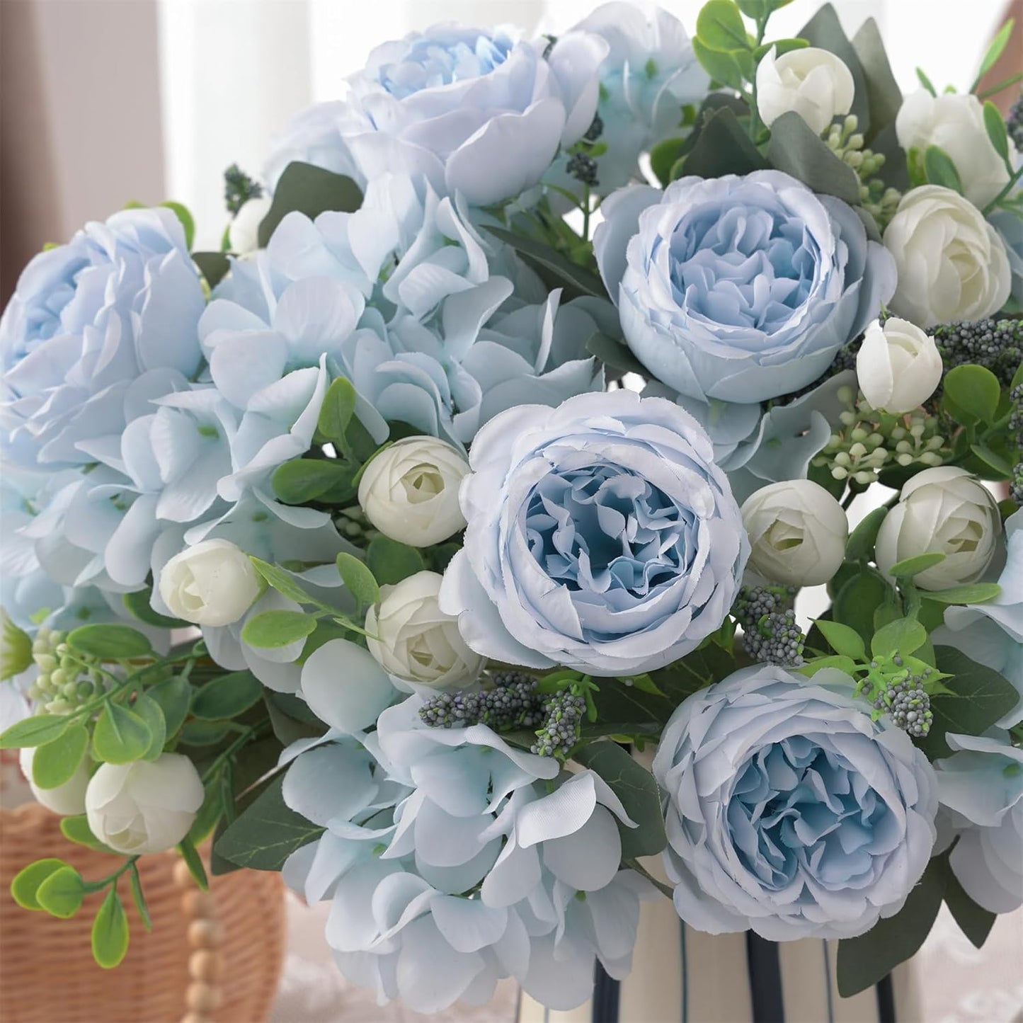 2 Bunches Artificial Peonies Flowers Small Silk Blue Peonies Fake Hydrangea Flowers Arrangements Table Centerpiece Faux Flores for Bridal Wedding Home Decor (2, Blue White)