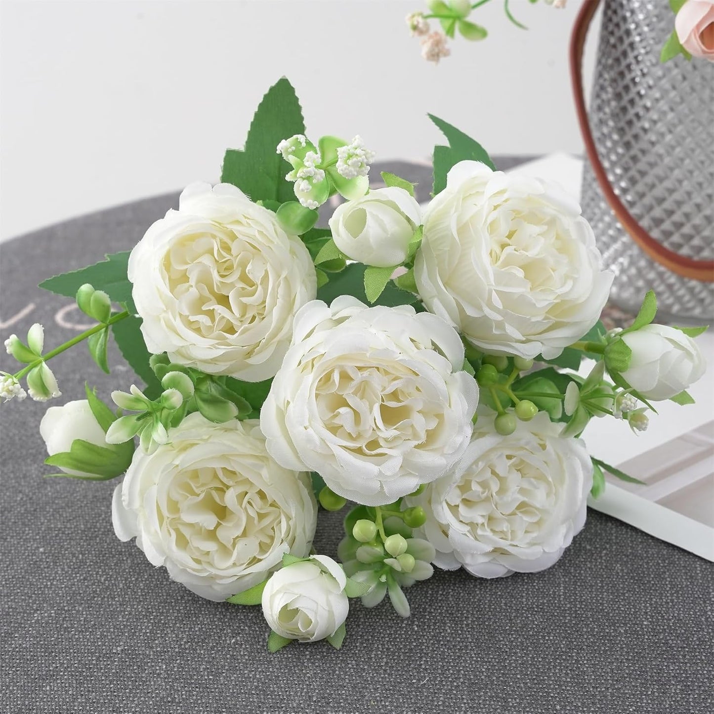 2 Bunches Artificial Peonies Flowers Small Silk Blue Peonies Fake Hydrangea Flowers Arrangements Table Centerpiece Faux Flores for Bridal Wedding Home Decor (2, Blue White)