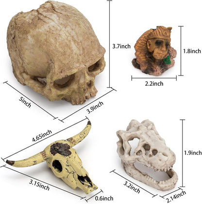 Lawei 4 Pieces Aquarium Resin Skull Ornaments, Desert Reptile Hideouts Decorations, Human Skeleton Dinosaur Cattle Skull for Fish Tanks Decorative, Small Decor Statue Cave Landscape Pet Reptile House