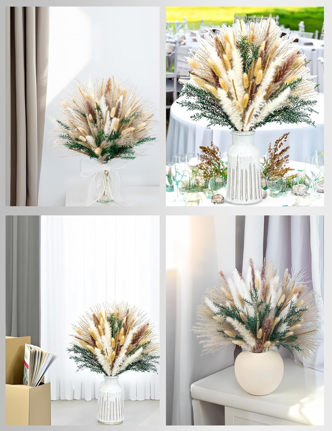 120 PCS Dried Pampas Grass, Dried Flowers, Reed Grass Bouquet for Bohemian Flowers Home Table Wedding Decoration, Rustic Farmhour.(Light Brown)