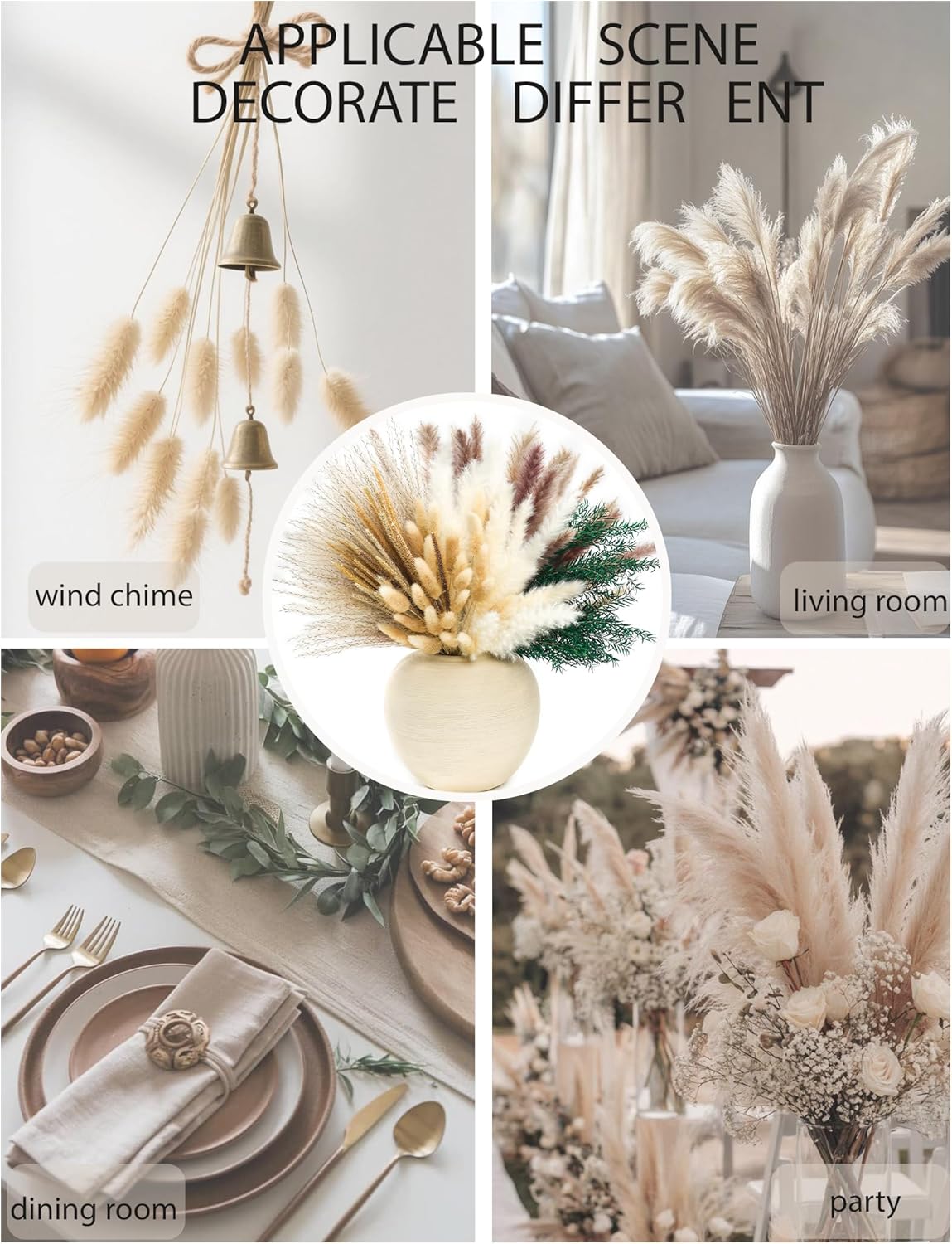 120 PCS Dried Pampas Grass, Dried Flowers, Reed Grass Bouquet for Bohemian Flowers Home Table Wedding Decoration, Rustic Farmhour.(Light Brown)