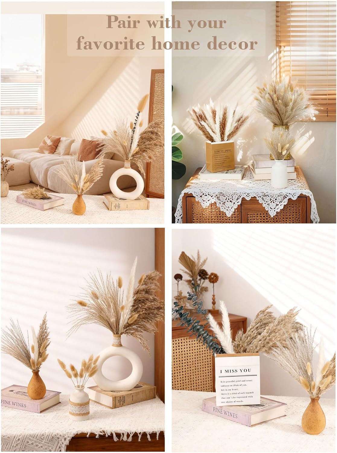 120 PCS Dried Pampas Grass, Dried Flowers, Reed Grass Bouquet for Bohemian Flowers Home Table Wedding Decoration, Rustic Farmhour.(Light Brown)