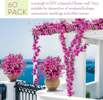 60 Pcs Fake Bougainvillea Bulk Silk Flower UV Resistant, Rose Purple