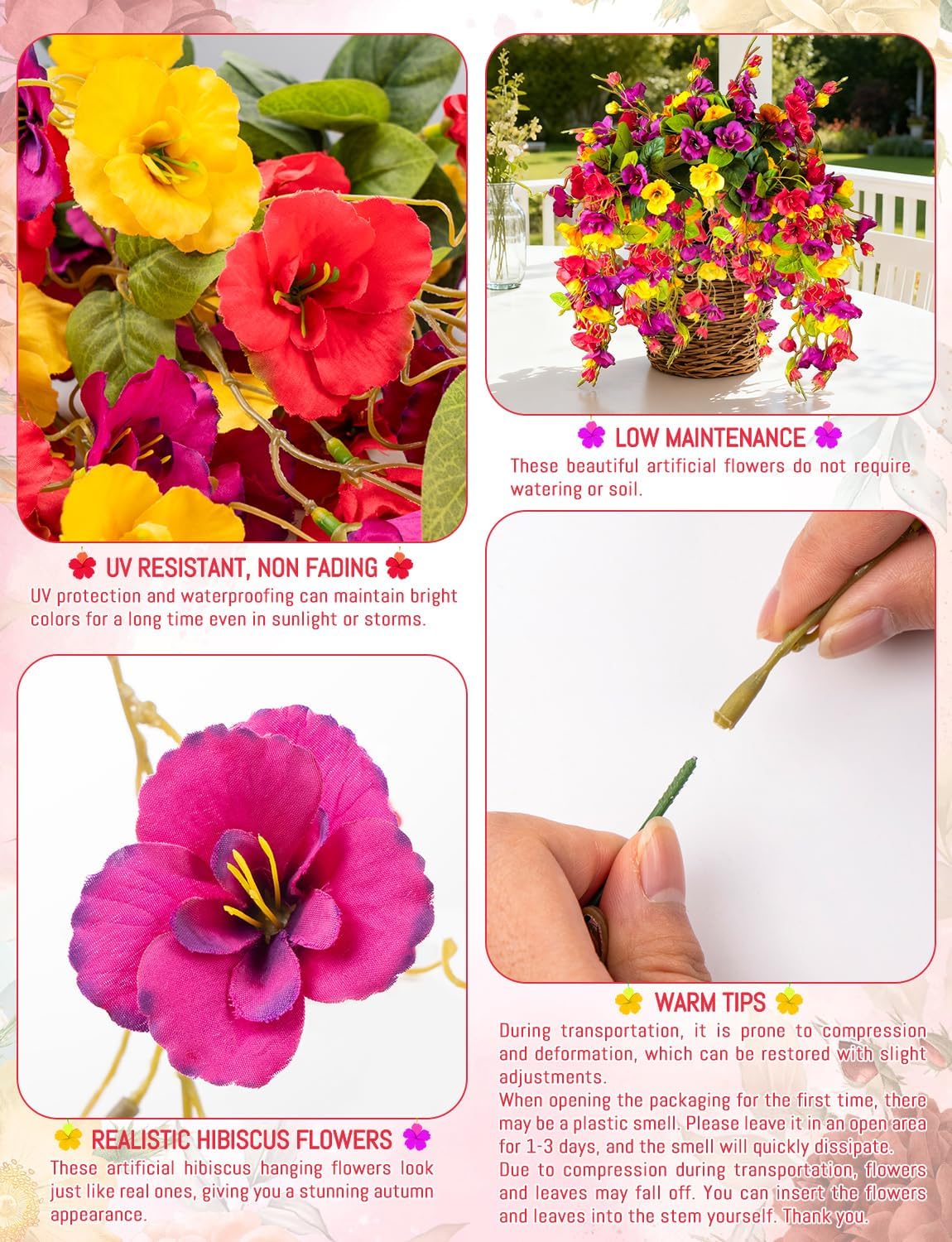 2 Pcs Fake Hibiscus Artificial Hanging Flowers | Colorful Silk Hibiscus Trailing Vines Spring Summer Long Hibiscus Vines Faux Flowers for Outside Porch Patio Yard Party
