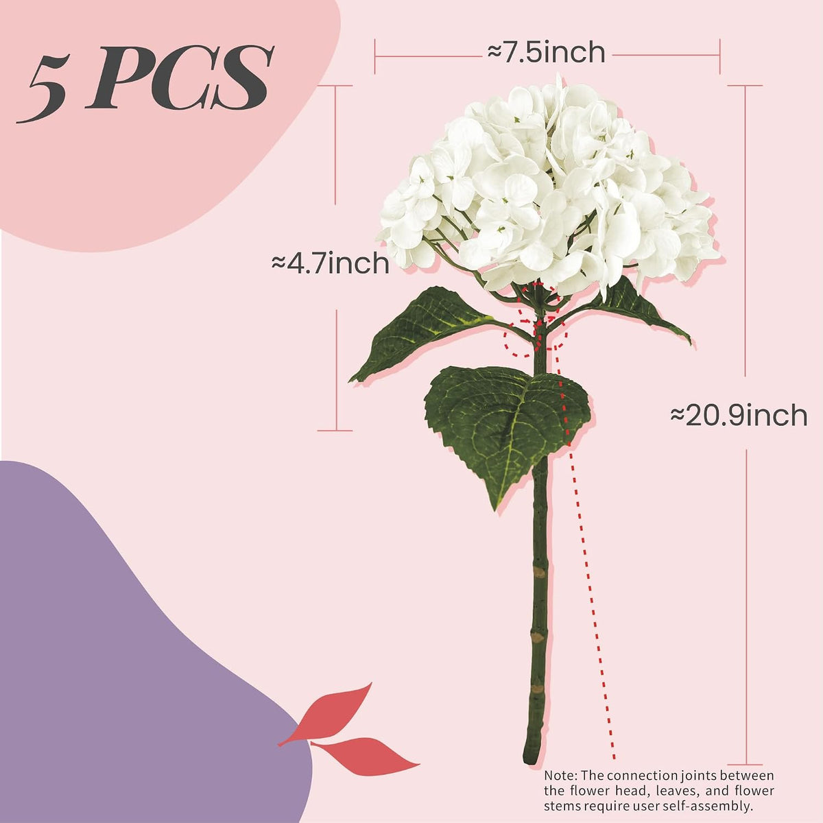 21In White Artificial Hydrangea Flowers with Stems 5 Pcs