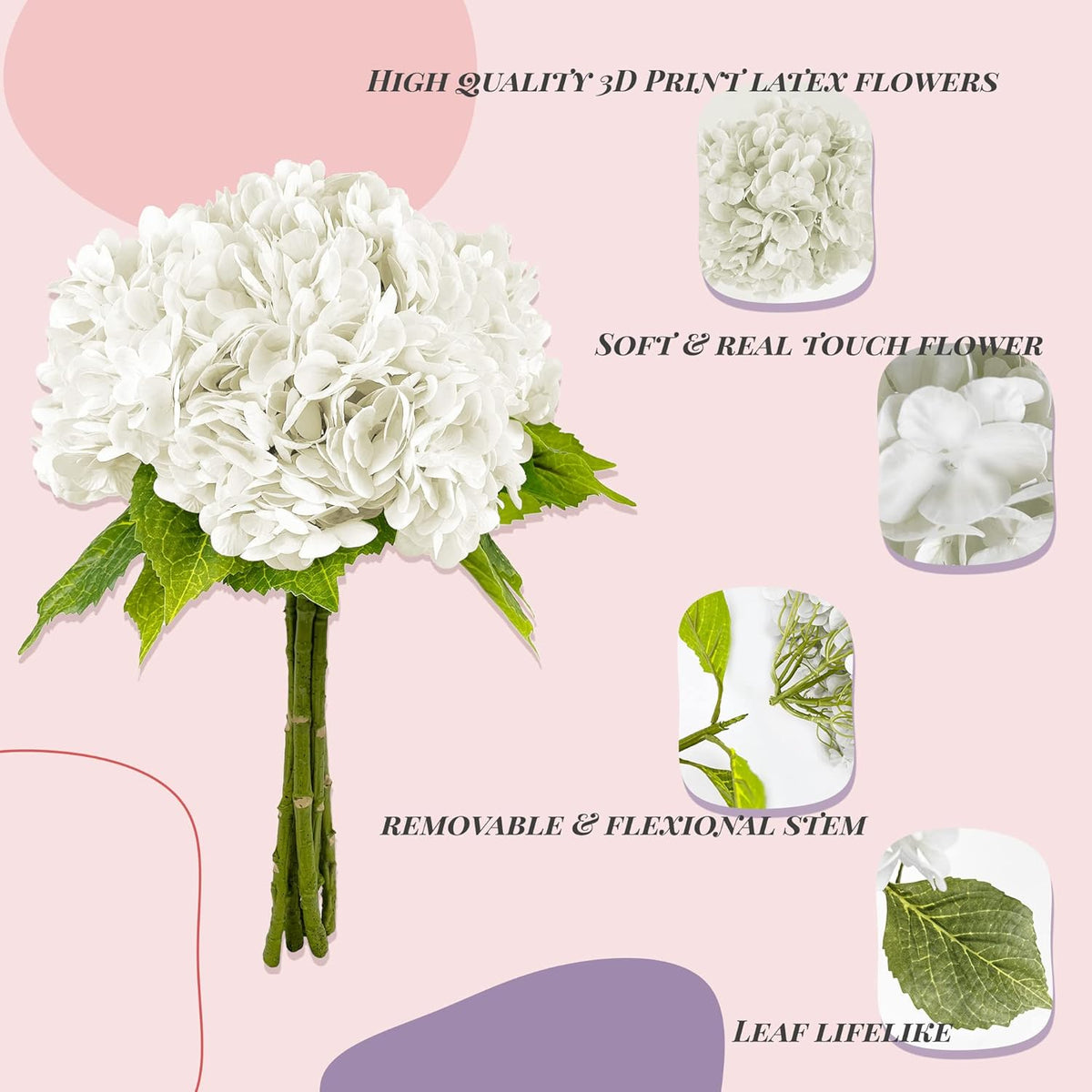21In White Artificial Hydrangea Flowers with Stems 5 Pcs