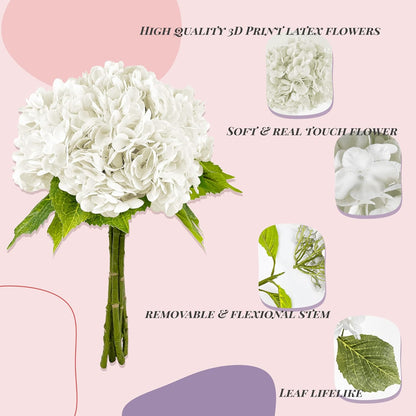 21In White Artificial Hydrangea Flowers with Stems 5 Pcs