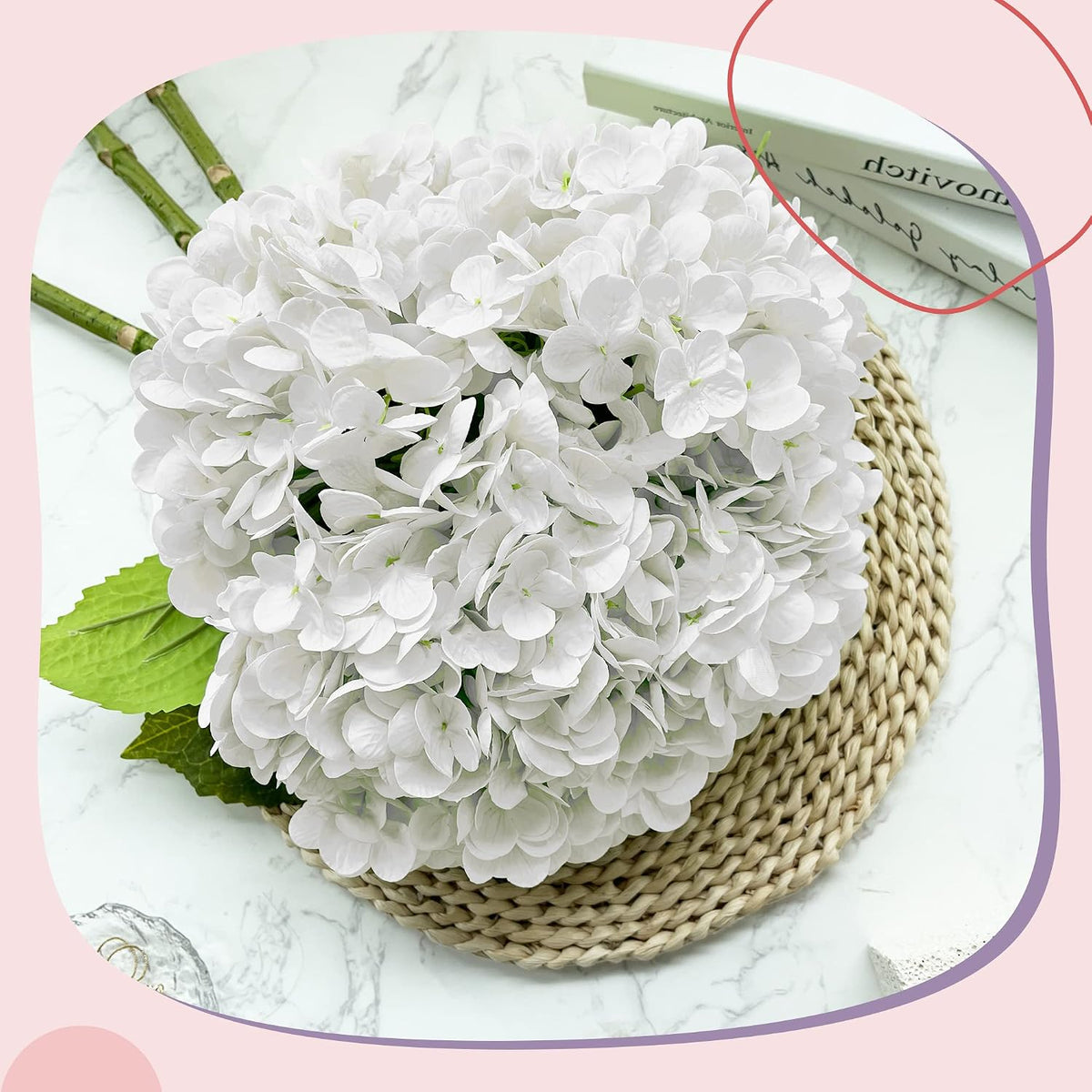 21In White Artificial Hydrangea Flowers with Stems 5 Pcs