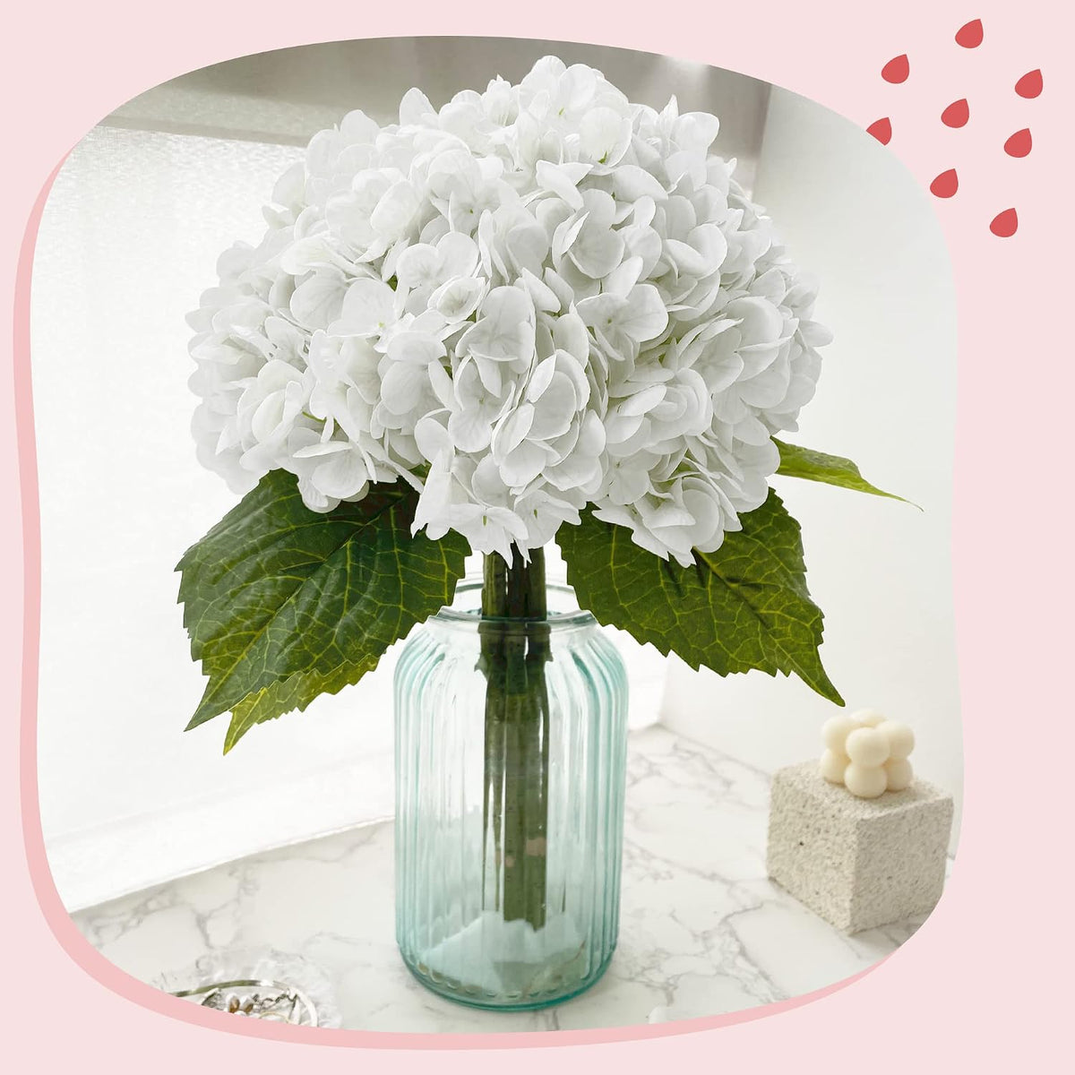 21In White Artificial Hydrangea Flowers with Stems 5 Pcs