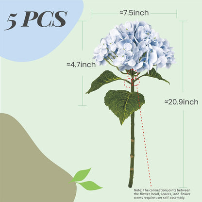 21In White Artificial Hydrangea Flowers with Stems 5 Pcs