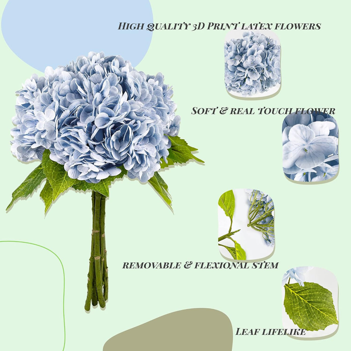 21In White Artificial Hydrangea Flowers with Stems 5 Pcs