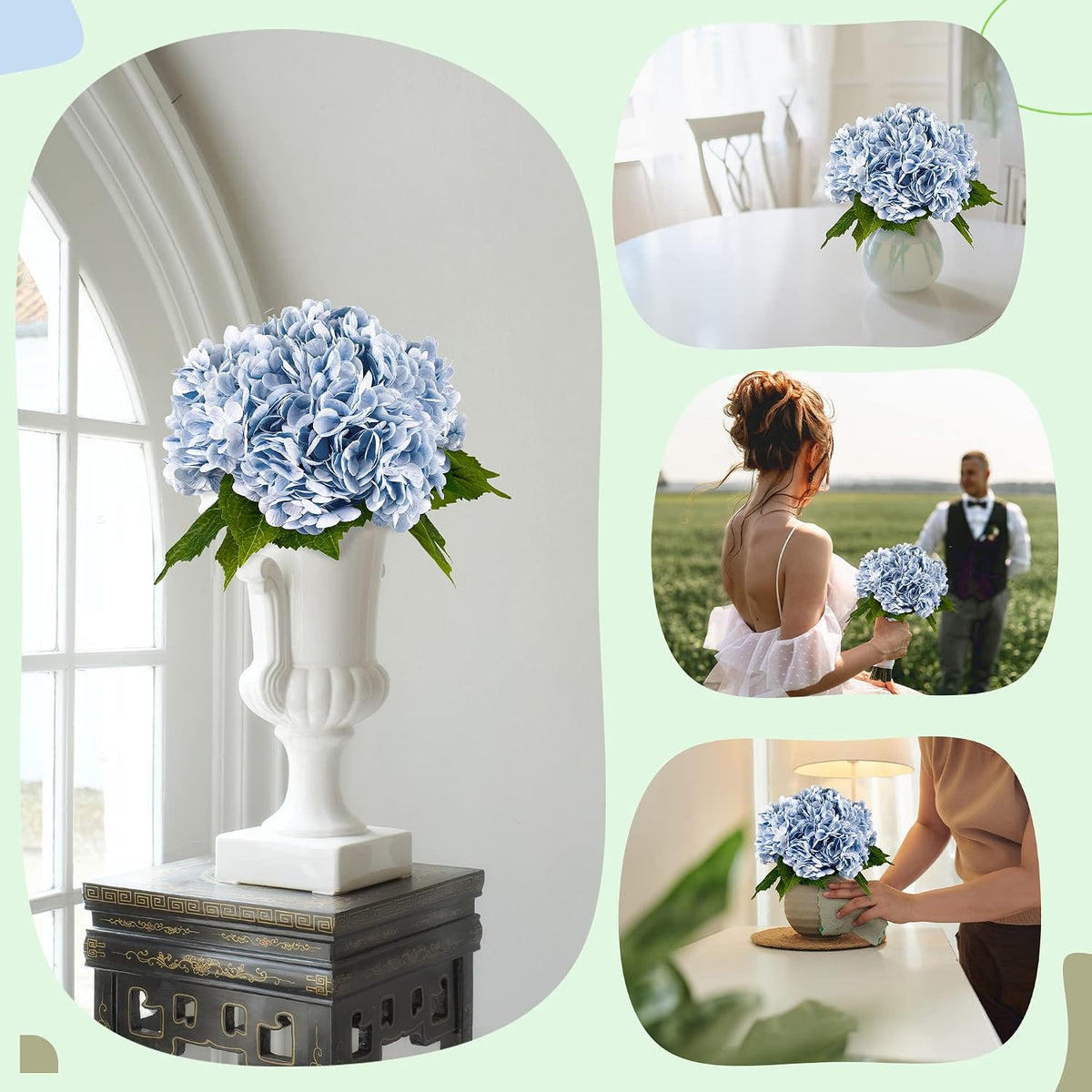 21In White Artificial Hydrangea Flowers with Stems 5 Pcs