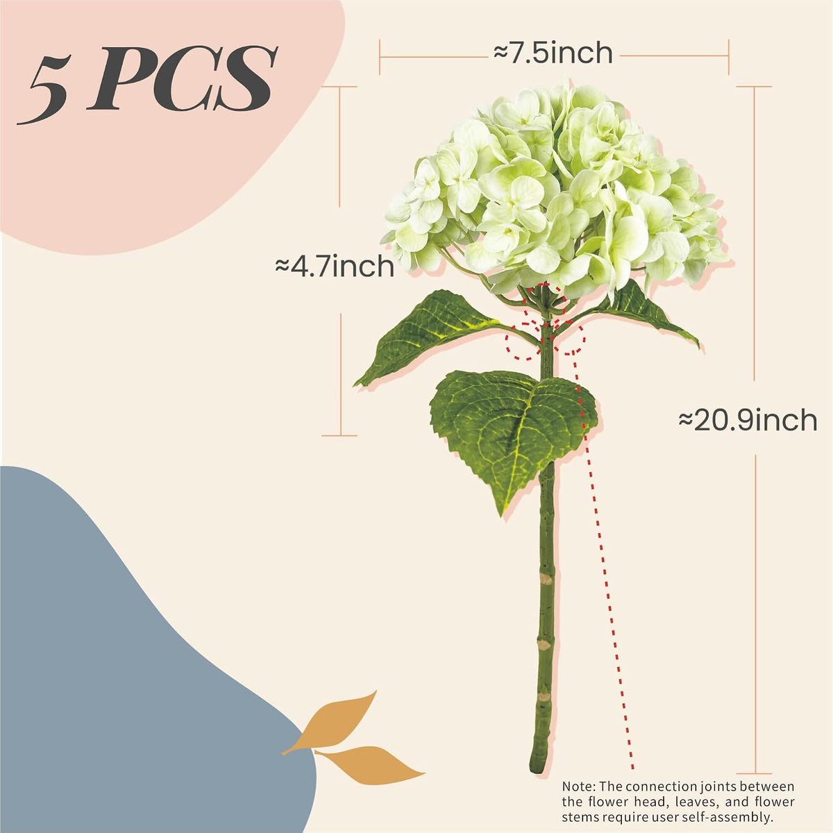21In White Artificial Hydrangea Flowers with Stems 5 Pcs