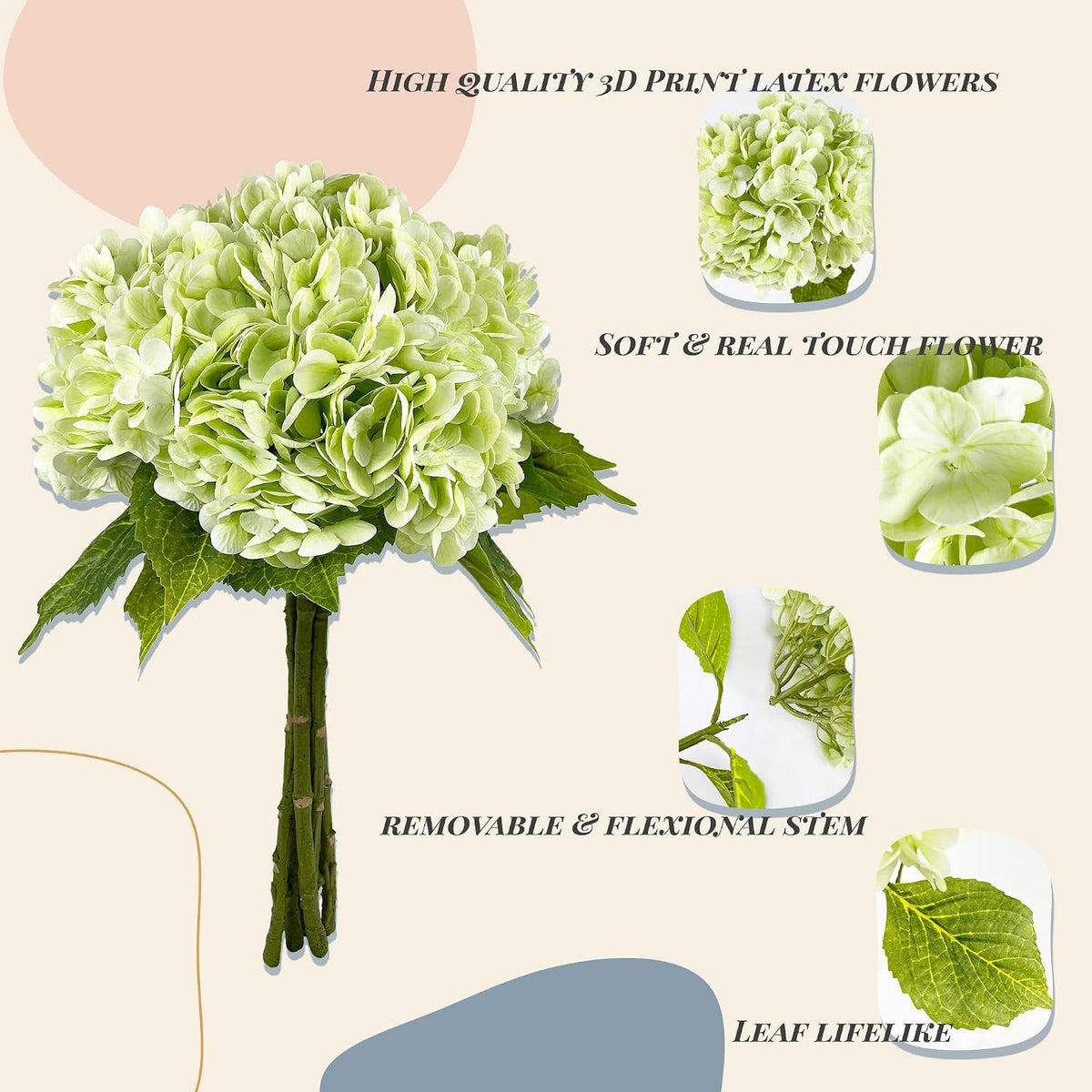 21In White Artificial Hydrangea Flowers with Stems 5 Pcs