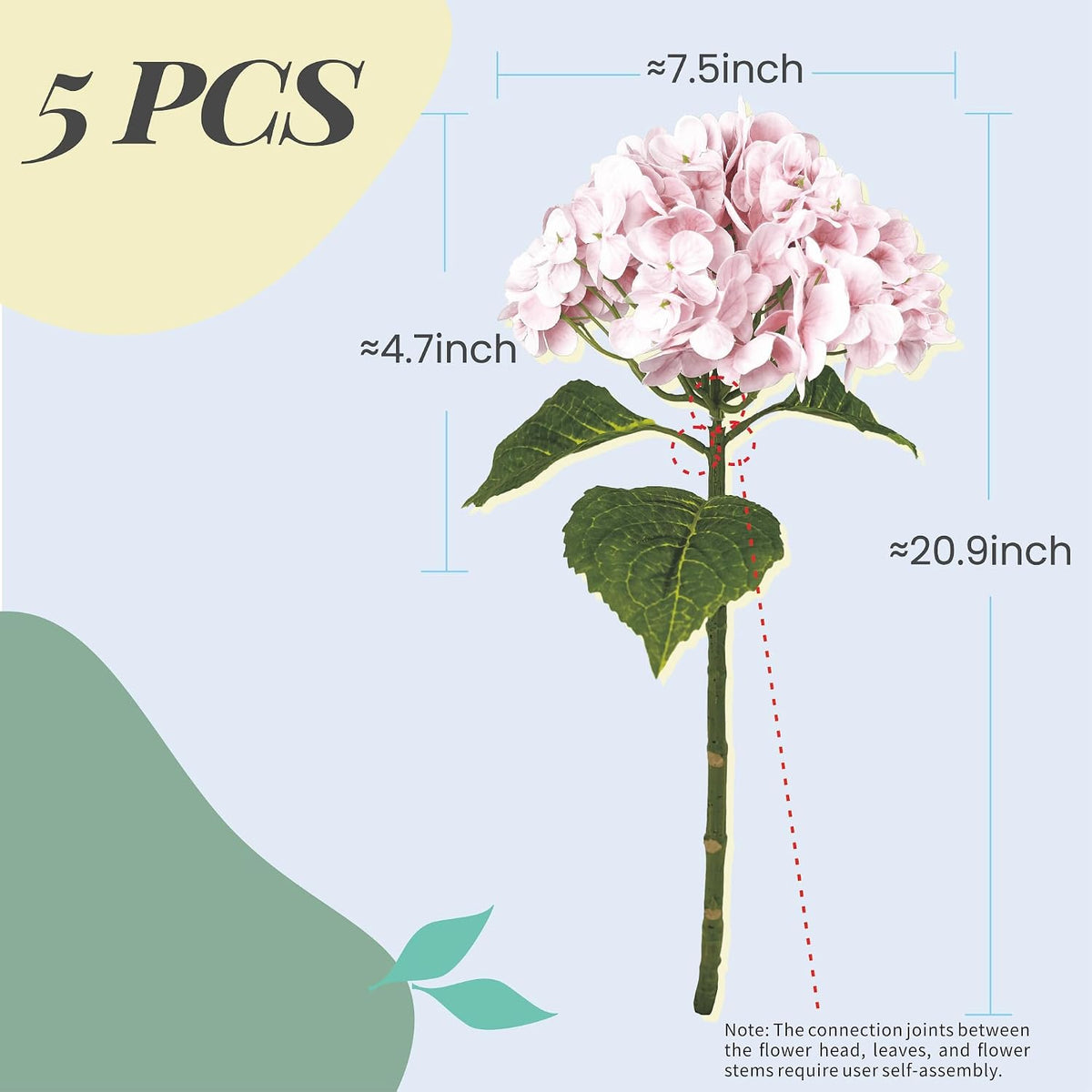 21In White Artificial Hydrangea Flowers with Stems 5 Pcs