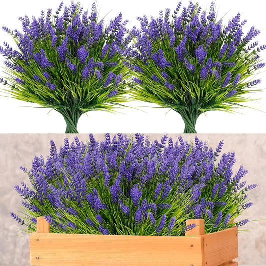 24 Bundles Artificial Flowers Outdoor, Faux Lavender Flowers with Grass UV Resistant Artificial Plants for Outdoor Outside Hanging Planter Window Box Garden Patio Front Porch Decor