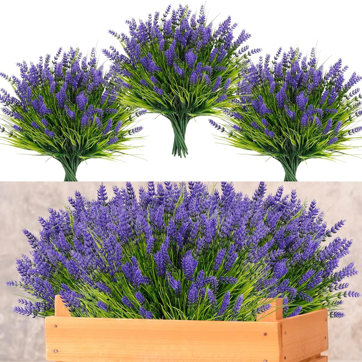 24 Bundles Artificial Flowers Outdoor, Faux Lavender Flowers with Grass UV Resistant Artificial Plants for Outdoor Outside Hanging Planter Window Box Garden Patio Front Porch Decor