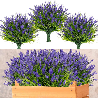 24 Bundles Artificial Flowers Outdoor, Faux Lavender Flowers with Grass UV Resistant Artificial Plants for Outdoor Outside Hanging Planter Window Box Garden Patio Front Porch Decor