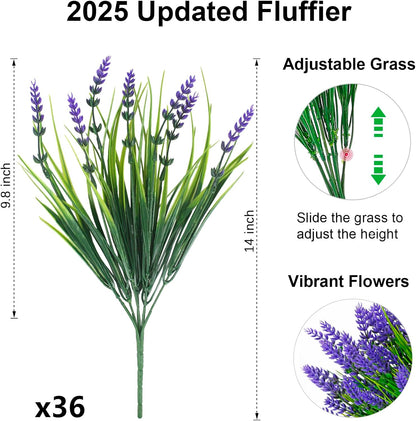 24 Bundles Artificial Flowers Outdoor, Faux Lavender Flowers with Grass UV Resistant Artificial Plants for Outdoor Outside Hanging Planter Window Box Garden Patio Front Porch Decor