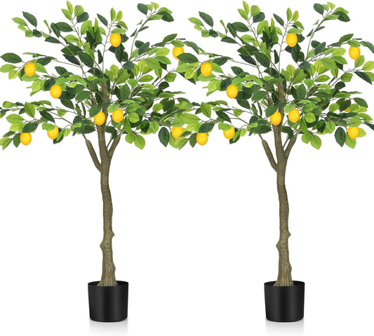 2 Pack Artificial Lemon Tree 5 ft Tall Fake Plant Pre Potted Faux Lemon Tree Realistic Fruits for Indoor Home Decor Office Living Room
