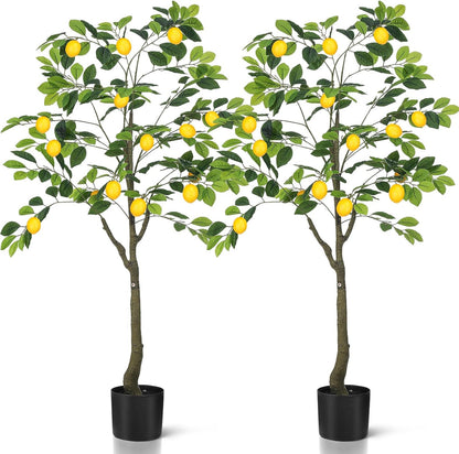 2 Pack Artificial Lemon Tree 5 ft Tall Fake Plant Pre Potted Faux Lemon Tree Realistic Fruits for Indoor Home Decor Office Living Room