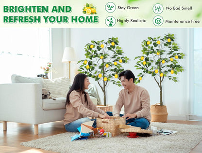 2 Pack Artificial Lemon Tree 5 ft Tall Fake Plant Pre Potted Faux Lemon Tree Realistic Fruits for Indoor Home Decor Office Living Room