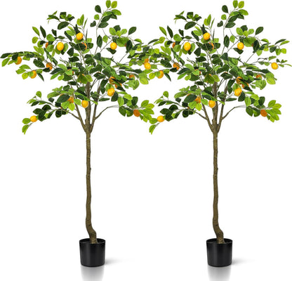 2 Pack Artificial Lemon Tree 5 ft Tall Fake Plant Pre Potted Faux Lemon Tree Realistic Fruits for Indoor Home Decor Office Living Room