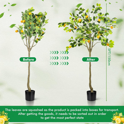 2 Pack Artificial Lemon Tree 5 ft Tall Fake Plant Pre Potted Faux Lemon Tree Realistic Fruits for Indoor Home Decor Office Living Room