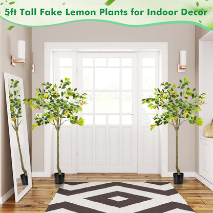 2 Pack Artificial Lemon Tree 5 ft Tall Fake Plant Pre Potted Faux Lemon Tree Realistic Fruits for Indoor Home Decor Office Living Room