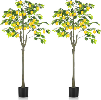 2 Pack Artificial Lemon Tree 5 ft Tall Fake Plant Pre Potted Faux Lemon Tree Realistic Fruits for Indoor Home Decor Office Living Room