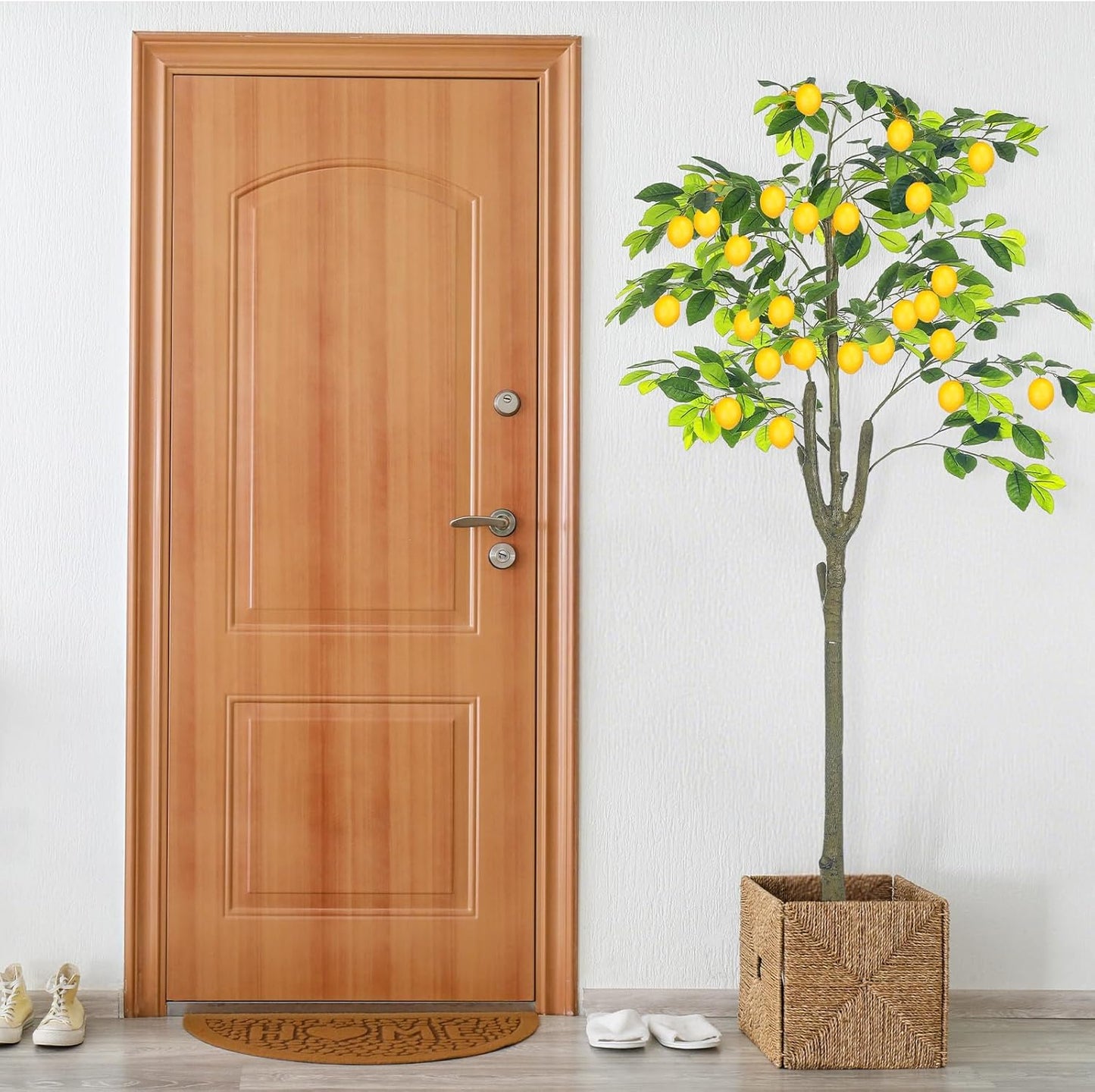 2 Pack Artificial Lemon Tree 5 ft Tall Fake Plant Pre Potted Faux Lemon Tree Realistic Fruits for Indoor Home Decor Office Living Room