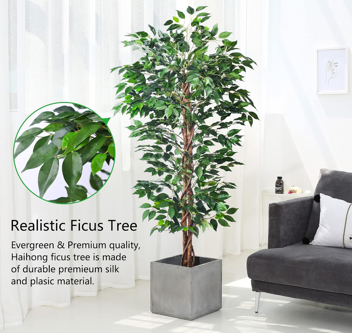 Artificial Ficus Tree 5FT Faux Silk Plants with Sturdy Plastic Nursery Pot,Fake Ficus Trees for Home Office Farmhouse Indoor Outdoor Decor Perfect Housewarming Gift (5FT-1Pack)