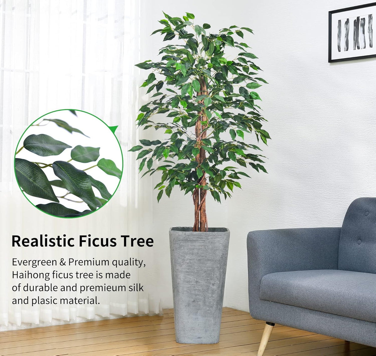 Artificial Ficus Tree 5FT Faux Silk Plants with Sturdy Plastic Nursery Pot,Fake Ficus Trees for Home Office Farmhouse Indoor Outdoor Decor Perfect Housewarming Gift (5FT-1Pack)