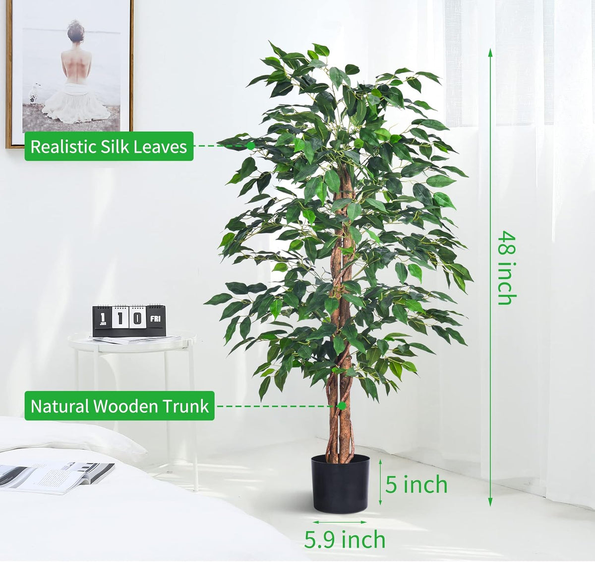 Artificial Ficus Tree 5FT Faux Silk Plants with Sturdy Plastic Nursery Pot,Fake Ficus Trees for Home Office Farmhouse Indoor Outdoor Decor Perfect Housewarming Gift (5FT-1Pack)