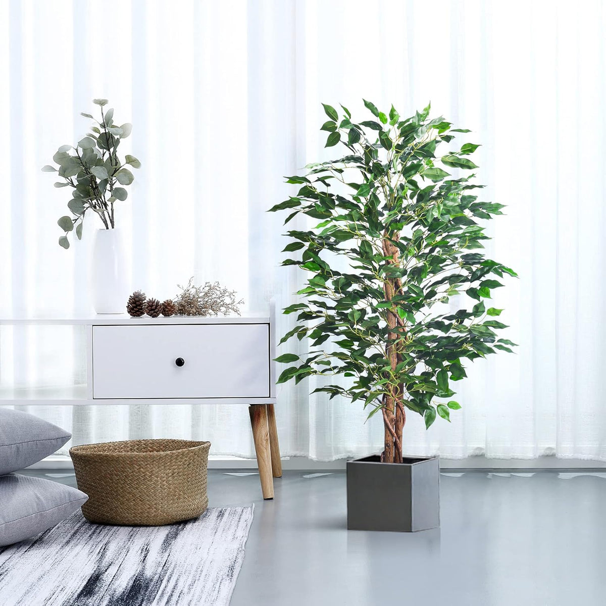 Artificial Ficus Tree 5FT Faux Silk Plants with Sturdy Plastic Nursery Pot,Fake Ficus Trees for Home Office Farmhouse Indoor Outdoor Decor Perfect Housewarming Gift (5FT-1Pack)