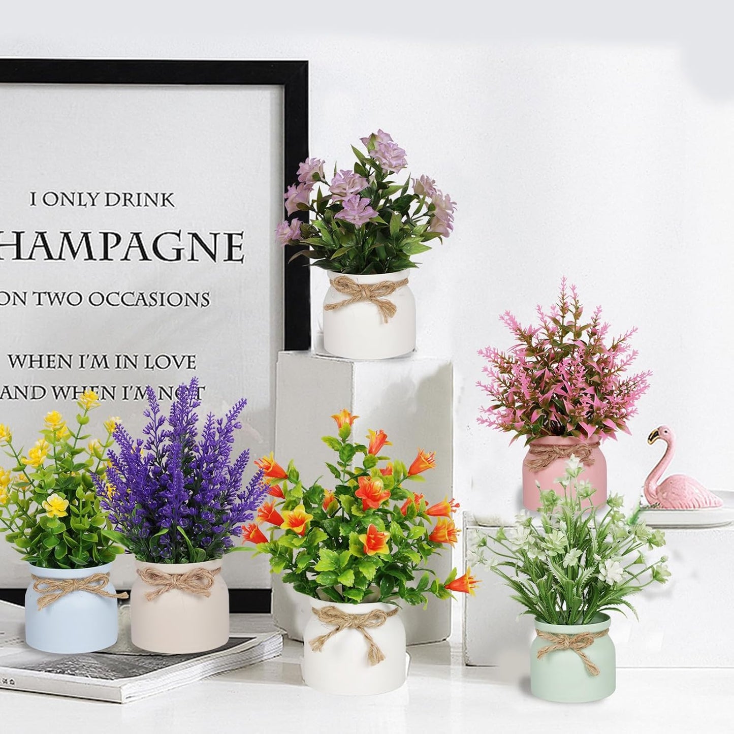 6pcs Artificial Pot Flowers Small Fake Plants Mini Potted Plants for Home Office Tabletop Decoration