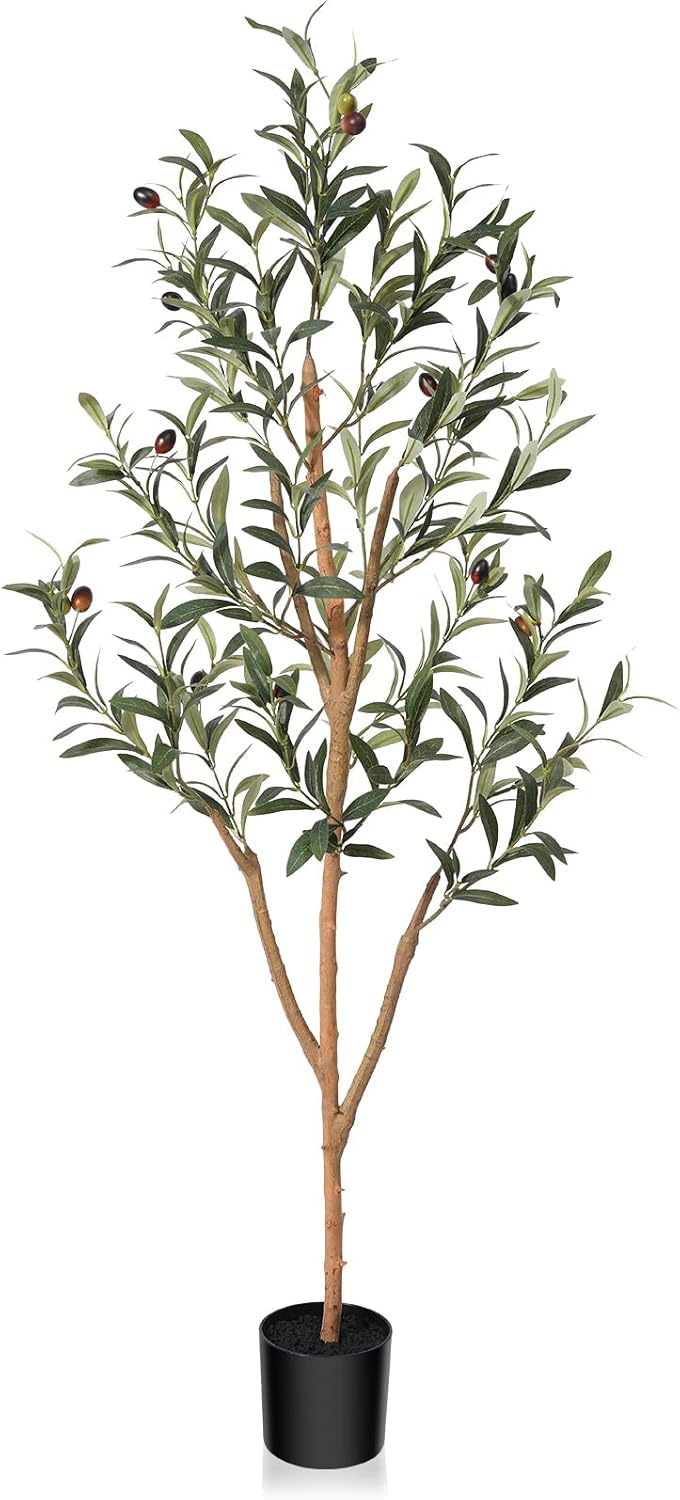 6FT Artificial Olive Tree, Real Wood Trunk & Silk Leaves
