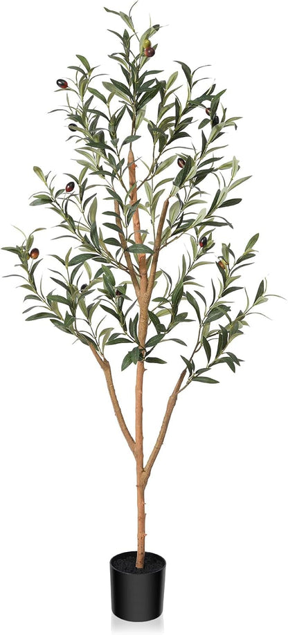 6FT Artificial Olive Tree, Real Wood Trunk & Silk Leaves