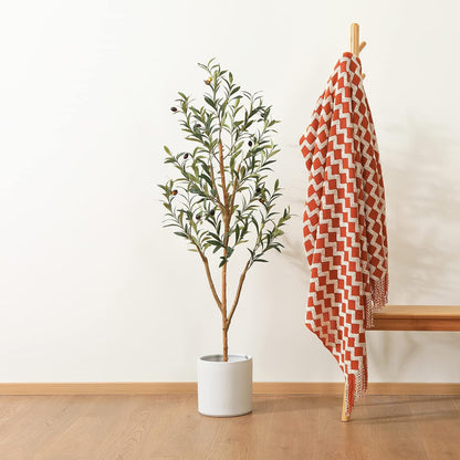 6FT Artificial Olive Tree, Real Wood Trunk & Silk Leaves
