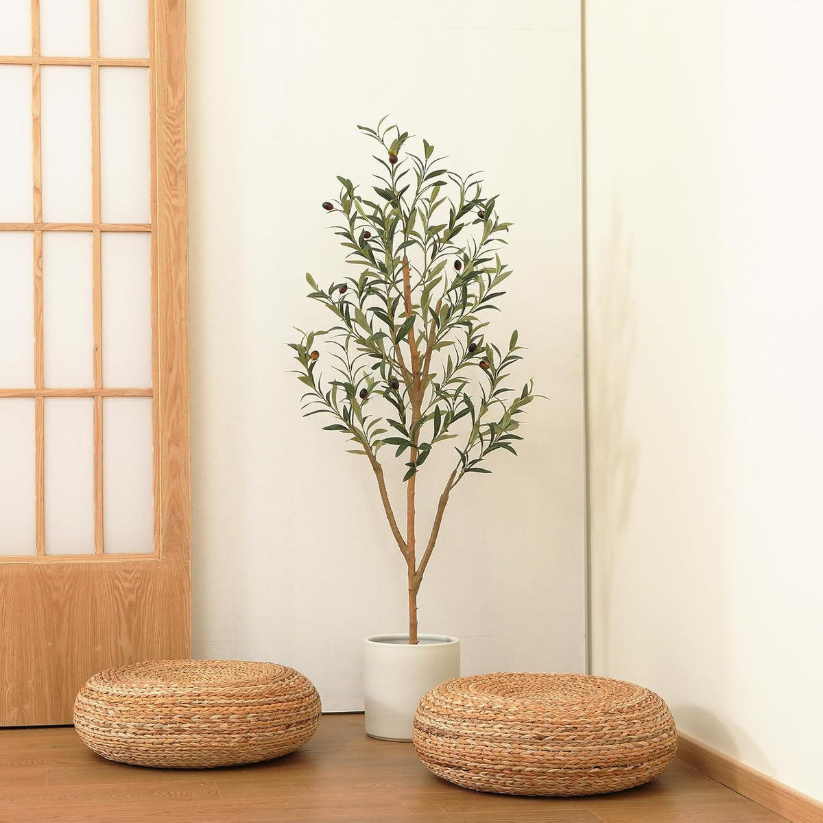 6FT Artificial Olive Tree, Real Wood Trunk & Silk Leaves