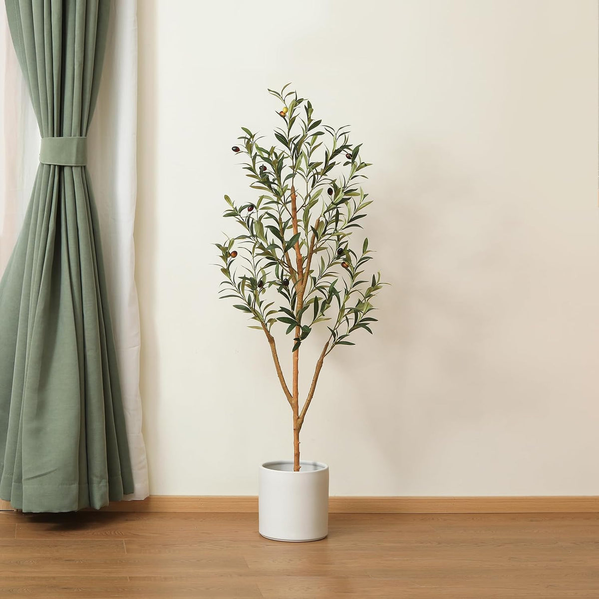 6FT Artificial Olive Tree, Real Wood Trunk & Silk Leaves
