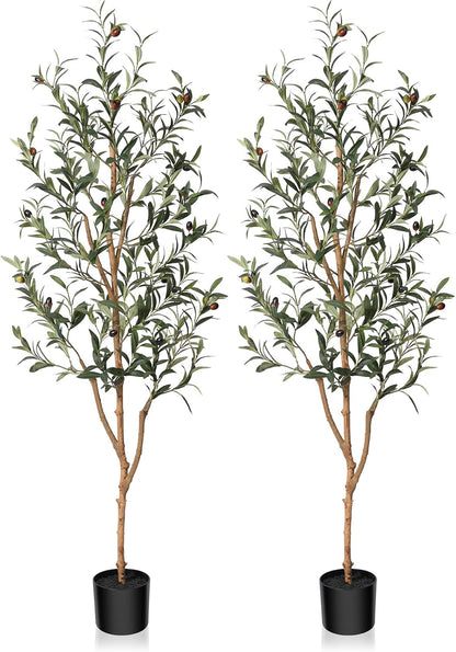 6FT Artificial Olive Tree, Real Wood Trunk & Silk Leaves
