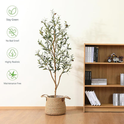 6FT Artificial Olive Tree, Real Wood Trunk & Silk Leaves