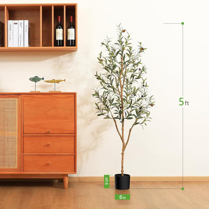 6FT Artificial Olive Tree, Real Wood Trunk & Silk Leaves