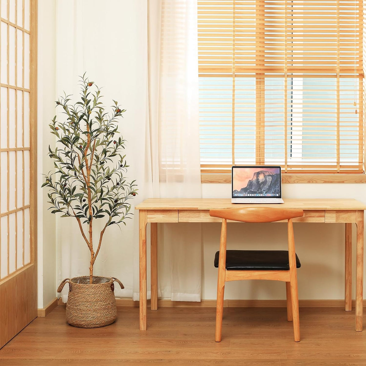 6FT Artificial Olive Tree, Real Wood Trunk & Silk Leaves