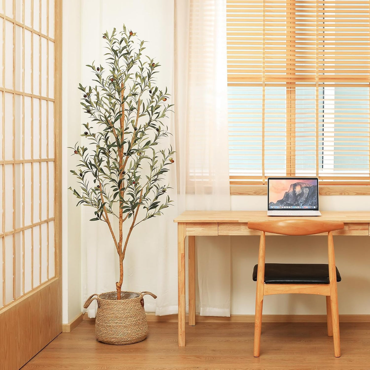 6FT Artificial Olive Tree, Real Wood Trunk & Silk Leaves