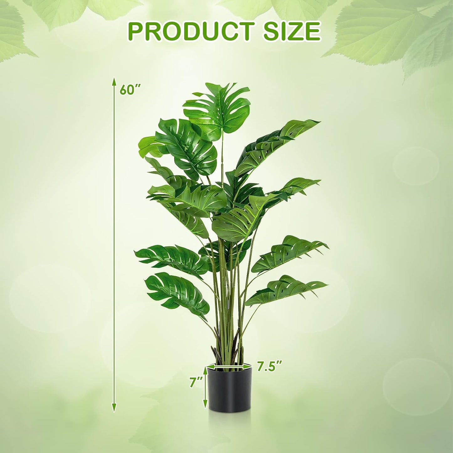Artificial Monstera Deliciosa Plant, 5ft Potted Faux Tree with 15 Verdant Fake Leaves, Swiss Cheese Plant for Home Decor Indoor, Outdoor, Home, Office, 1 Pack