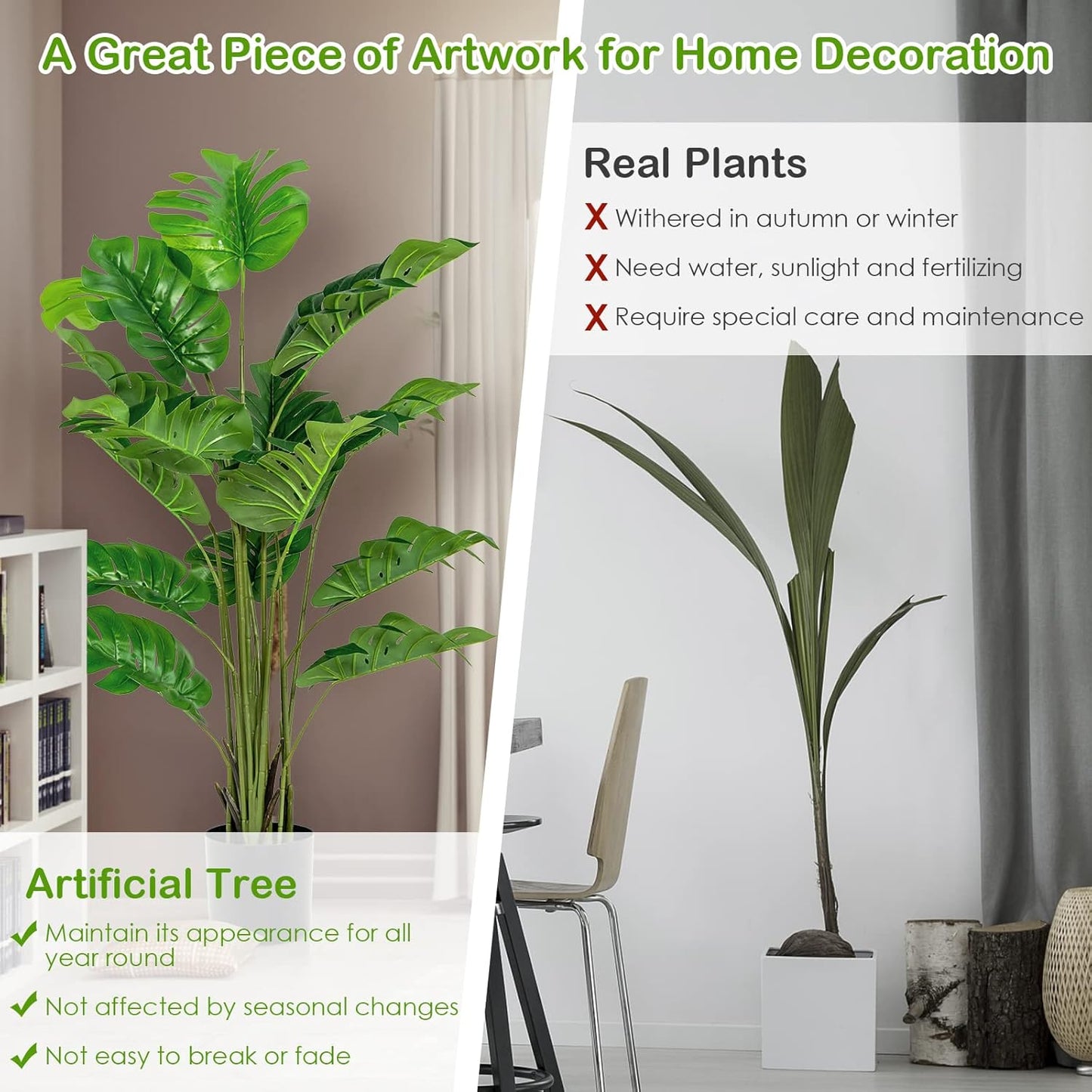 Artificial Monstera Deliciosa Plant, 5ft Potted Faux Tree with 15 Verdant Fake Leaves, Swiss Cheese Plant for Home Decor Indoor, Outdoor, Home, Office, 1 Pack