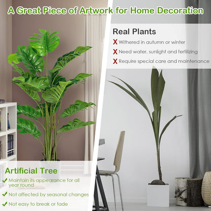 Artificial Monstera Deliciosa Plant, 5ft Potted Faux Tree with 15 Verdant Fake Leaves, Swiss Cheese Plant for Home Decor Indoor, Outdoor, Home, Office, 1 Pack